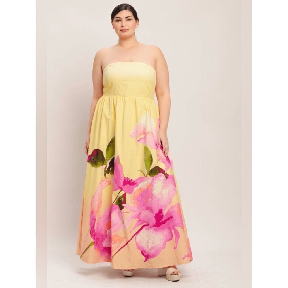 Plus Size Strapless Floral Maxi Dress Yellow Pink Wedding Guest Summer